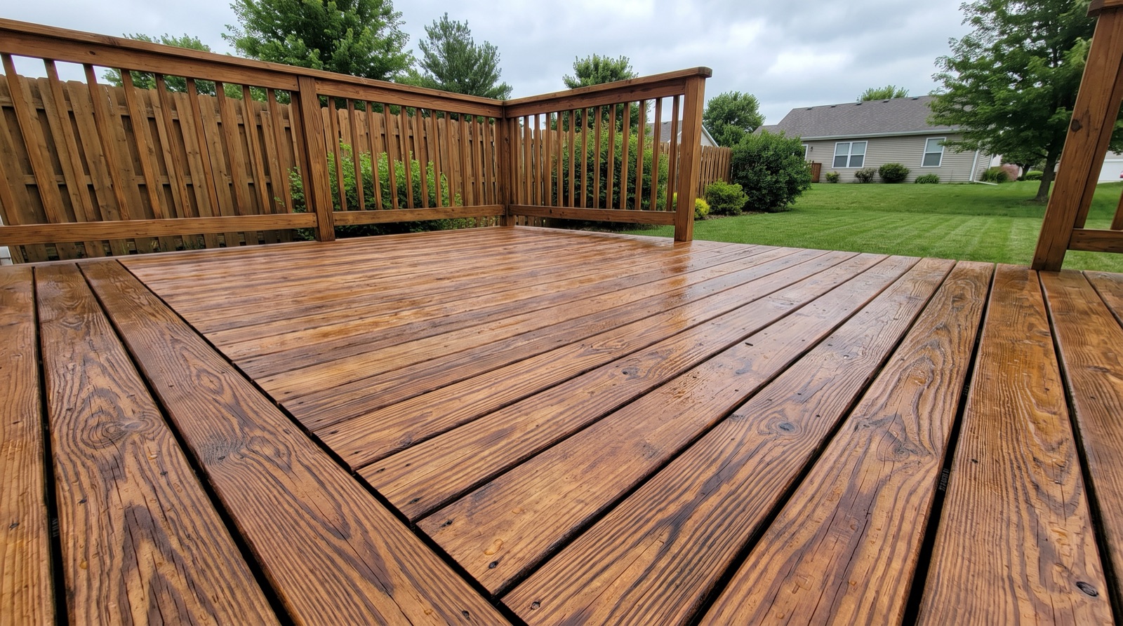 A freshly washed wooden deck showing clean, warm wood grain