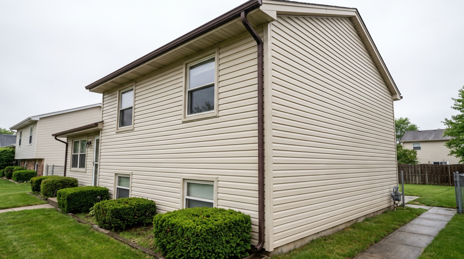 The clean siding of a two-story Columbus home after a soft wash