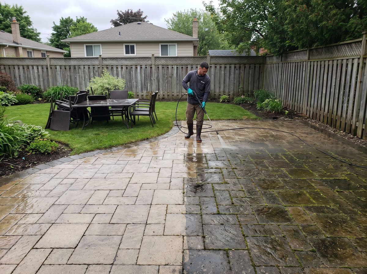 A HomeRefresh pro pressure-washing a paver patio, half already spotless